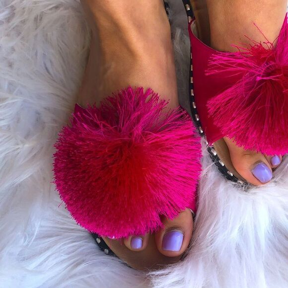 Restocked! Best Seller Fuchsia Pom Stud Slide-In Mule Sandal - Picture 3 of 6